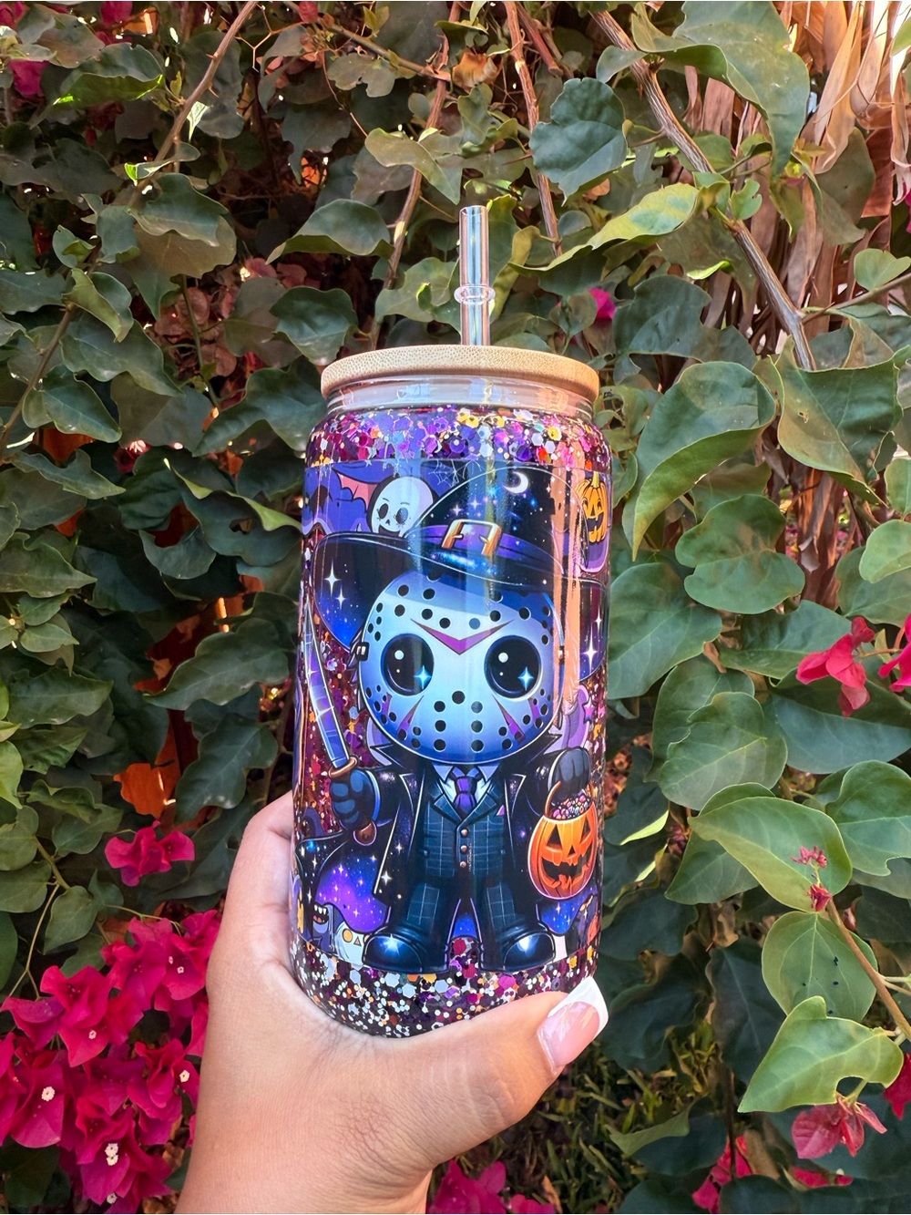 Halloween Jason Glitter Tumbler with Straw